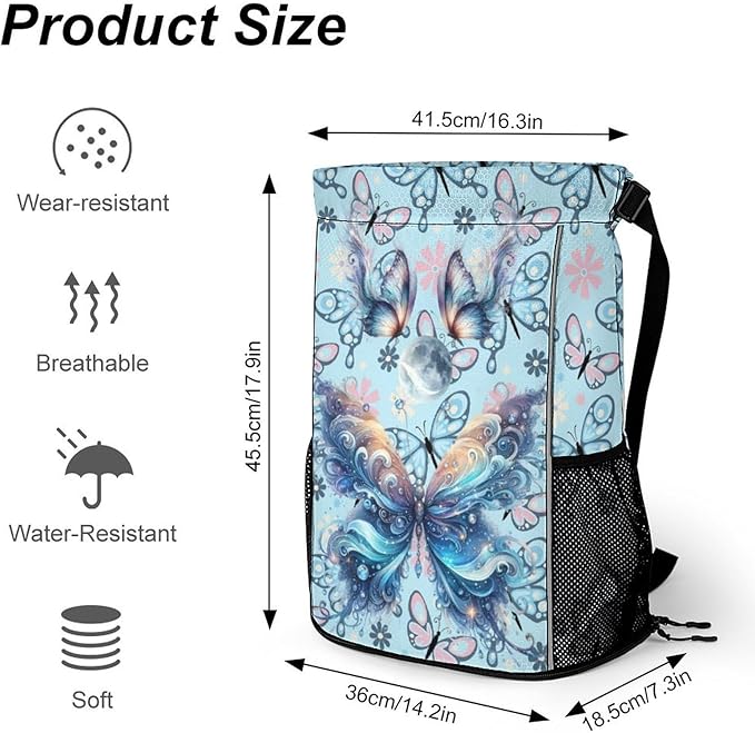 Butterfly Drawstring Backpack - Cute Cinch Sack, String Backpacks with Pocket for Kids Boys Girls Women Men for Gym Outdoor Sports Travel Athletic Drawstring Bag - Lightweight/Foldable