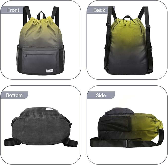 Drawstring Backpack Sports Gym Sackpack with Mesh Pockets Water-Resistant String Cinch Beach Bag for Men Women(Yellow Black)