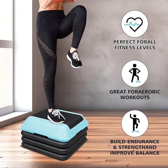 16"x16" Exercise Aerobic Step Platform with 4 Risers, Adjustable Height 4"-6"-8"-10"-12" Workout Stepper for Home Gym Fitness Strength & Training