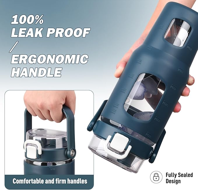 BLUEGO 32oz Glass Water Bottles with Straw Time Marker Half Gallon Large Motivational Water Bottle with Silicone Sleeve 2 Liter Large Glass Water Jug for Gym, Sports& Workout, Daily, Dark Blue