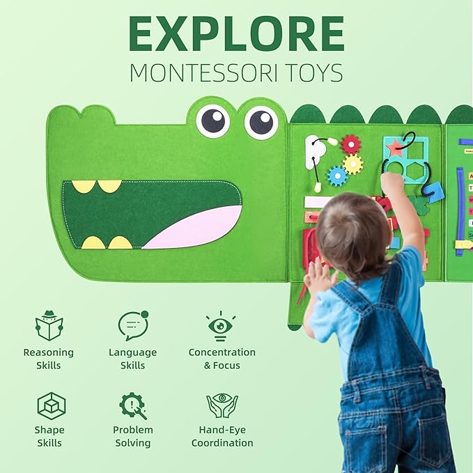 Crocodile Busy Board Montessori Busy Board, Sensory Toys Toddler Toys, Sensory Wall Activity for Toddler- Preschool Learning Panel Center for Kids 3+ Year Old Boys Gift Girls Gift(Birthday, Christmas)