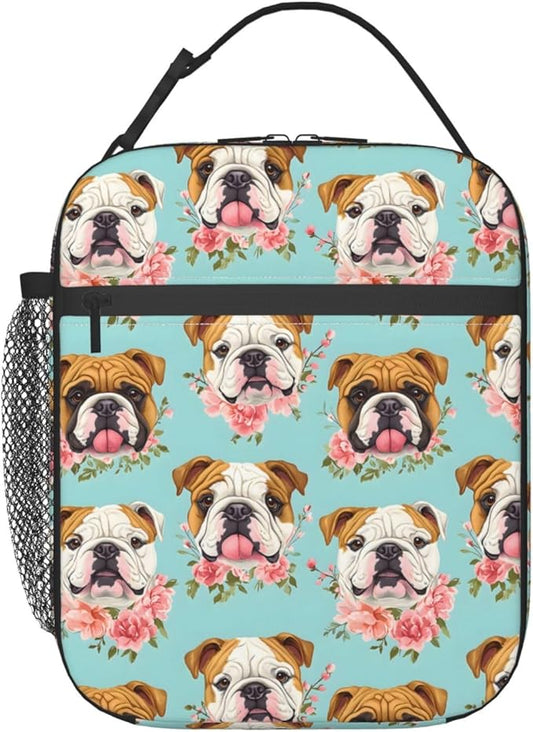 Cute Dog Lunch Box for Kids,Puppy Insulated Bag for Student,Pet Lovers Reusable Thermal Insulation Cooler Tote Bags for School Work Picnic Camping Outdoor Gifts (English Bulldog and Floral)