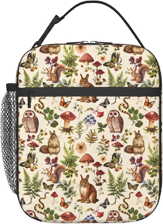 Jungle Animal Polyester Lunch Box for Kids Teen,Cute Reusable Thermal Lunch Bag for Adult Women,Mushroom Insulated Tote Cooler Bags for School,Work,Picnic,Travel,Enchanted Forest Theme
