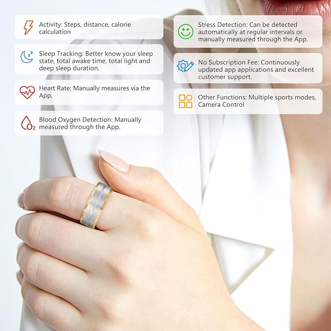 Fitness Tracker Smart Ring,Step Counter,Heart Rate Blood Oxygen Sleep Tracker Health Ring, 6ATM Waterproof Long Battery Life Smart Rings Compatible with IOS & Android （Silver with Side Gold US10-2）