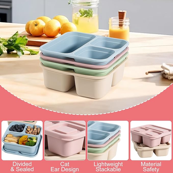 4Piece Silicone Snack Container with Lids, 3 Compartment Snack Container, is Perfect for Lunch Salads, Snack Boxes, and Ideal for Travel, Office, and Picnics.（Lightweight Stackable ）