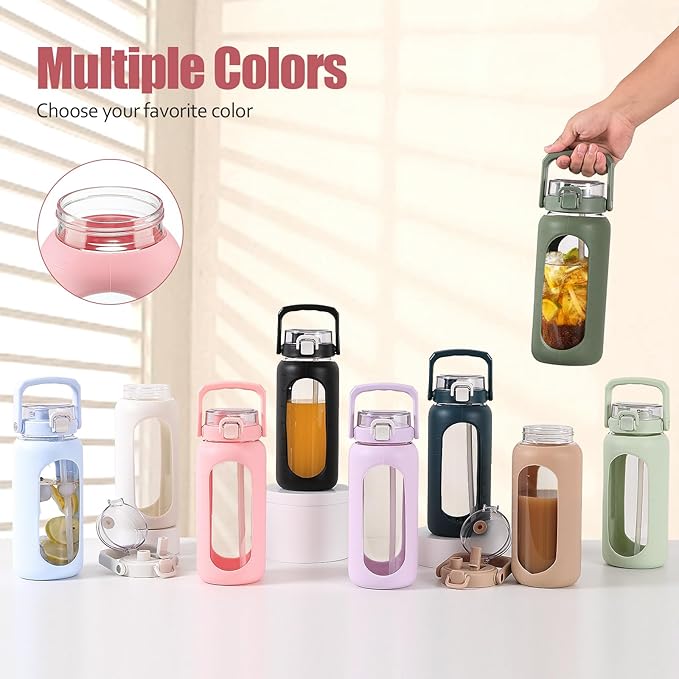 BLUEGO 64oz Glass Water Bottle with Handle and Straw, Motivational Sports Water Bottle with Time Marker and Silicone Sleeve Leakproof Drinking Bottle for Travel Gym Workout, Pink