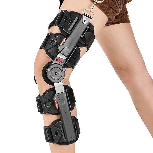 Hinged Knee Brace with Shoulder Strap, Post OP Medical Knee Stabilizer, Adjustable ROM Knee Support, for ACL, Post ACL and Cruciate Ligament Injury Rehabilitation Fit Right or Left Foot Unisex