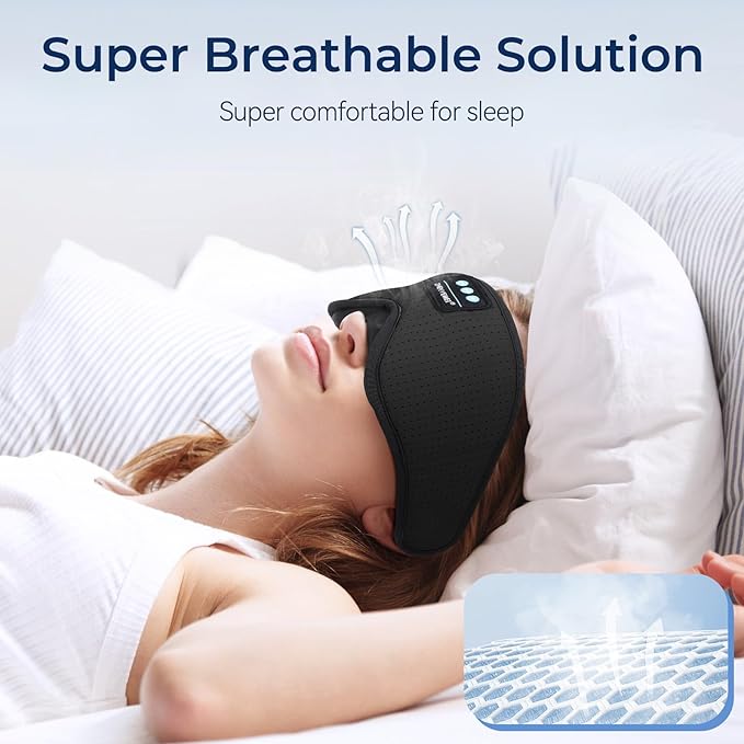 3D Sleep Mask with Bluetooth Headphones, Breathable Cotton Sleeping Headphones for Side Sleepers, Wireless Music Eye Mask with Timer, Gifts for Men Women, Black