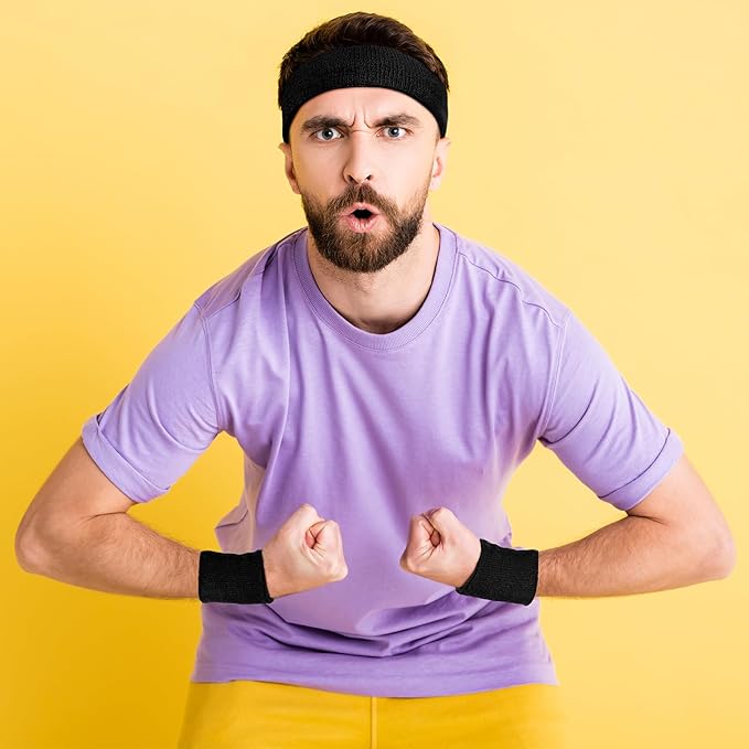 SATINIOR 8 Sets 80s Sweat Band and Wristband Sports Neon Headbands Exercise Sweatbands Gym Wristbands for Men Women Sports Activities(Black, White)