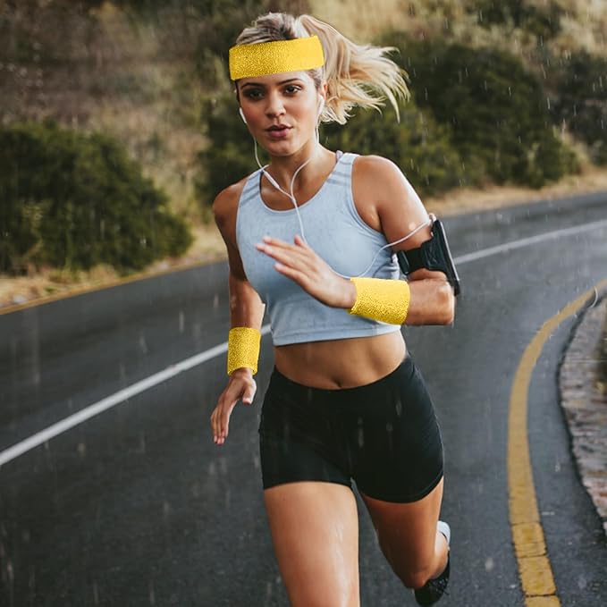 24 Pcs Neon Sweatbands Set Include 8 Pcs Sports Headband and 16 Pcs Cotton Wristbands 80s Neon Sweat Bands Bulk for Gym, Tennis, Basketball, Running, Exercise