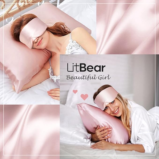LitBear Silk Sleep Mask for Side Sleeper, Eye Mask Sleeping for Women Men 100% 22 Momme Pure Mulberry Silk, Face-Hugging Padded Eye Cover for Sleeping with Adjustable Band (Pink)