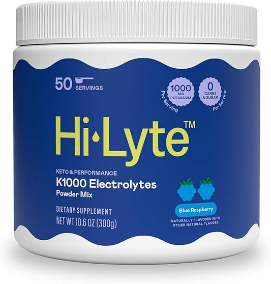 Hi-Lyte K1000 Electrolytes Powder Blue Raspberry Keto & Performance, 50 Servings - 1000mg Potassium + Magnesium, Sodium, Trace Minerals - 0 Carbs, 0 Sugar