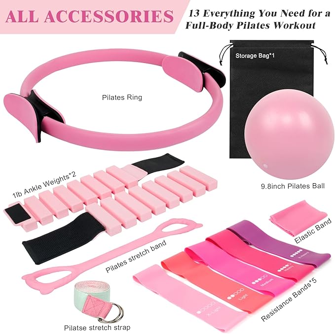 Home Pilates Essentials Kit for Women, Complete 13-in-1 Pilates Equipment Ring and Ball Set with 5 TPE Resistance Bands, Ankle Weights, 8-Shaped Pull Band, Stretch Strap and Waterproof Bag