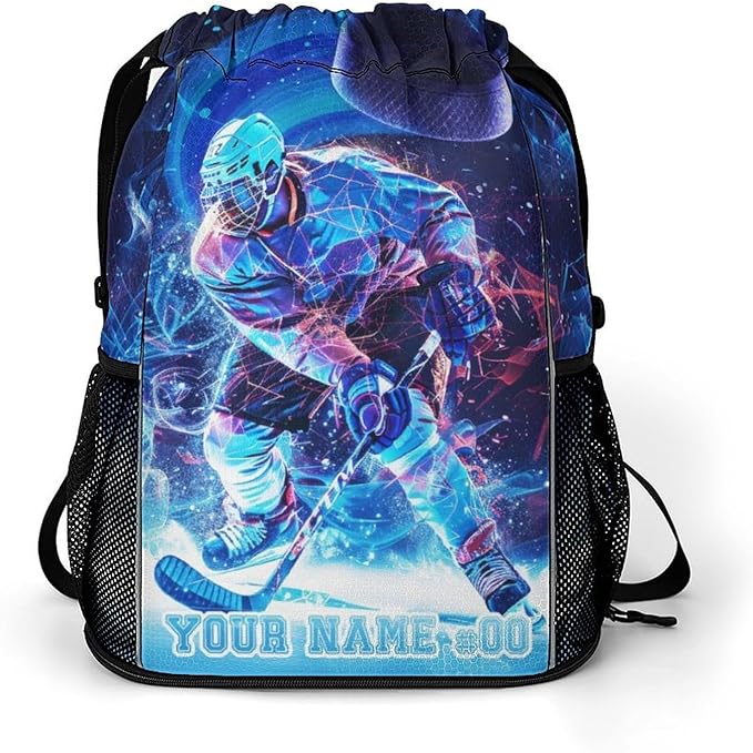 Custom Hockey Drawstring Backpack - Cool Cinch Sack, String Backpacks with Pocket for Kids Women Men Boys Girls for Gym Outdoor Sports Travel Athletic Drawstring Bag - Lightweight/Foldable