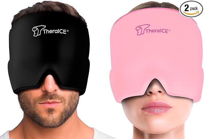 TheraICE Migraine Relief Cap, Soothing Headache Ice Pack Mask Products, Cooling Gel Hat, Face Cold Compress Head Wrap for Tension, Stress & Hangover