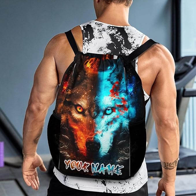 Custom Wolf Drawstring Backpack - Cute Cinch Sack, String Backpacks with Pocket for Women Men Kids Boys Girls for Gym Outdoor Sports Travel Athletic Drawstring Bag - Lightweight/Foldable