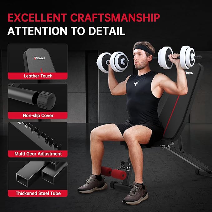 PASYOU Adjustable Weight Bench Full Body Workout Multi-Purpose Foldable Incline Decline Exercise Workout Bench for Home Gym