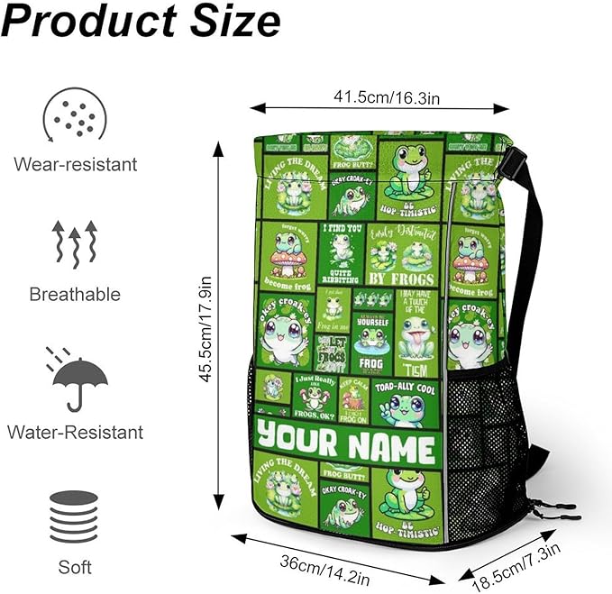 Custom Frog Drawstring Backpack - Cute Cinch Sack, String Backpacks with Pocket for Kids Women Men Boys Girls for Gym Outdoor Sports Travel Athletic Drawstring Bag - Lightweight/Foldable