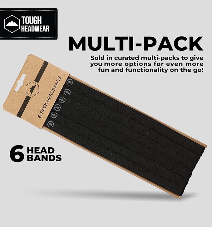 Tough Headwear Thin Elastic Headbands for Men - Sports Hair Head Band for Women & Men - Non Slip Mens Workout Headband - Running or Soccer Headband - 6-Pack