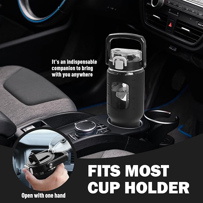 BLUEGO 40 oz Glass Water Bottle with Straw, Leakproof Glass Drinking Bottle with Time Marker and Silicone Sleeve, Wide Mouth Water Bottle for Travel, Gym, Workout, Black