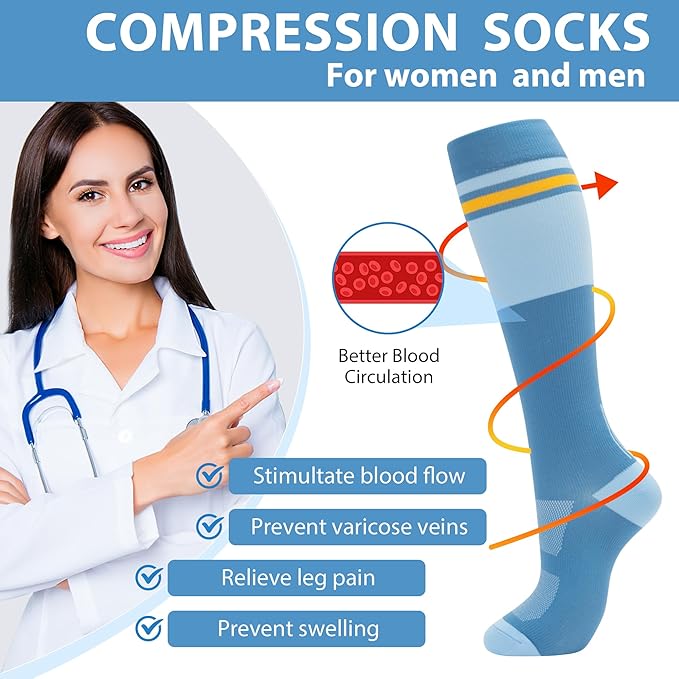 fenglaoda Compression Socks for Women Men Knee High 3 Pairs Support for Nurses, Travel, Circulation, Athletic, Pregnancy