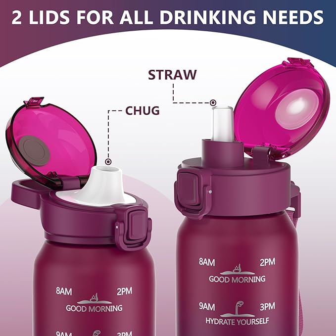 Insulated Water Bottle 32oz with 2Lids(Straw Lid & Spout Lid), 1L Double Walled Water Bottle with Time Marker, 1000ml Stainless Steel Metal Flask for Fitness, Gym and Outdoor RED BLACK