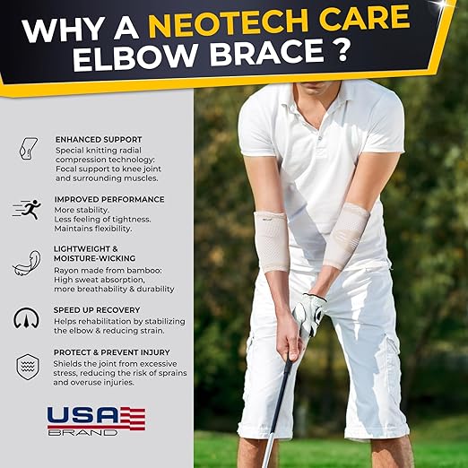NeoTech Care Elbow Support Brace - Breathable - Men, Women, Right or Left (Beige Color, Size S, 1 Pair)