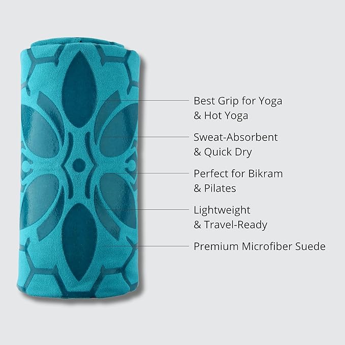 Clever Yoga Hot Yoga Mat Towel – Non-Slip Grip for Hot Yoga, Sweat Absorbent, Honeycomb Silicone Grip, Stays Flat – Ideal for Pilates, Travel, Washable & Lightweight - Turquoise