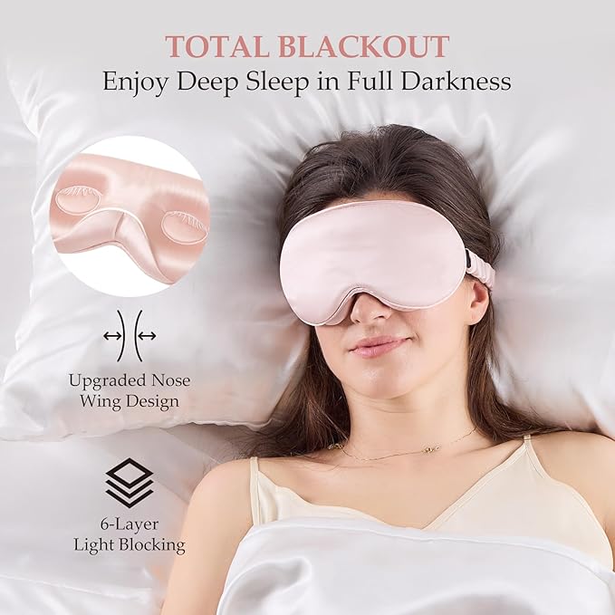 100% 22 Momme Mulberry Silk Sleep Mask with Adjustable Strap, 3D Contoured Cup Silk Eye Mask for Sleeping, Total Black Out, Pink
