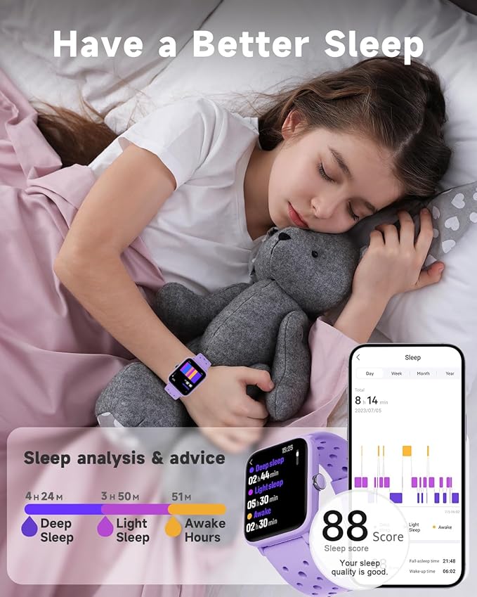 BIGGERFIVE Smart Watch for Kids Without APP, Fitness Tracker Watch Pedometer, Heart Rate, 5ATM Waterproof, Sleep Monitor, Calorie Step Counter, Games, Alarm Clock for Girls 5-14, Porous Lilac