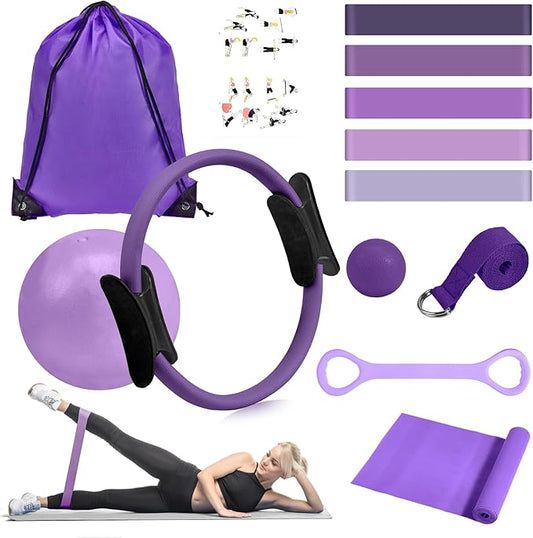 HASHMUST Pilates Ring Kit 12 PCS for Women, Home Workout Equipment with Magic Circle, Mini Exercise Ball, Resistance Bands, Massage Lacrosse, Yoga Strap, Full-Body Fitness Set for Toning & Gift