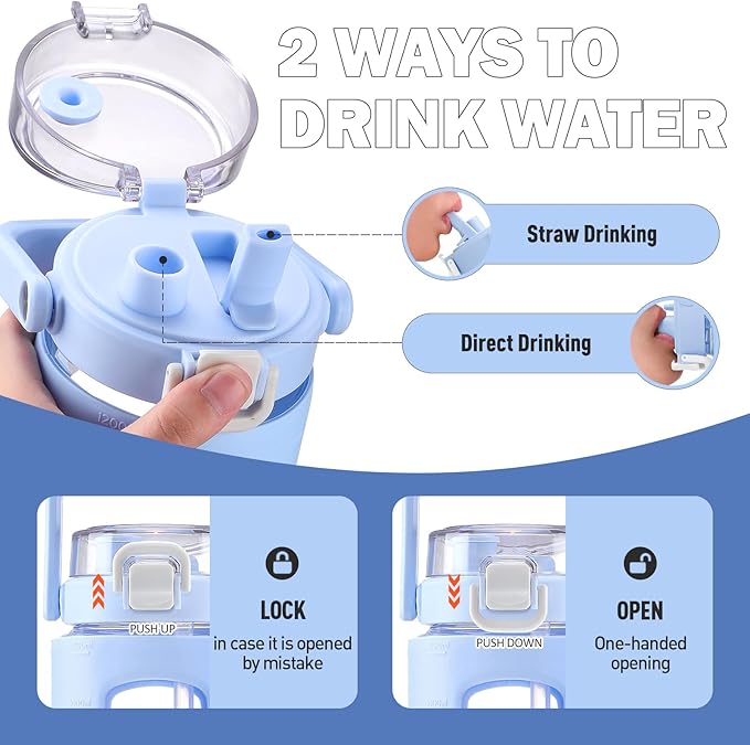 BLUEGO 40oz Glass Tumbler with Lid and Straw, Glass Water Bottles with Handle, Glass Cup with Time Marker and Silicone Sleeve, Fits Most Cup Holder, Leak-proof, Blue