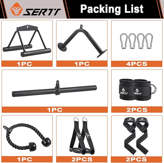 SERTT Workout Cable Machine Attachment for Home Gym, LAT Pulldown Attachments, Cable Accessories for Weight Training, Straight Pull Down Bar, Tricep Rope, Double D Row Handle, V-Shaped Bar