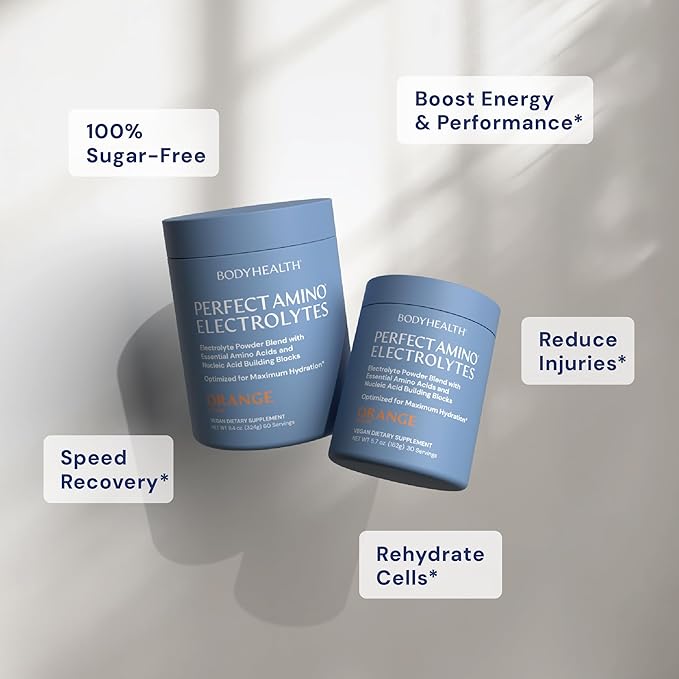 BodyHealth PerfectAmino Electrolytes Powder No Sugar, Keto Sugar Free Fasting Electrolytes Drink Mix, Hydration Powder with Trace Minerals - Orange - 60 Servings