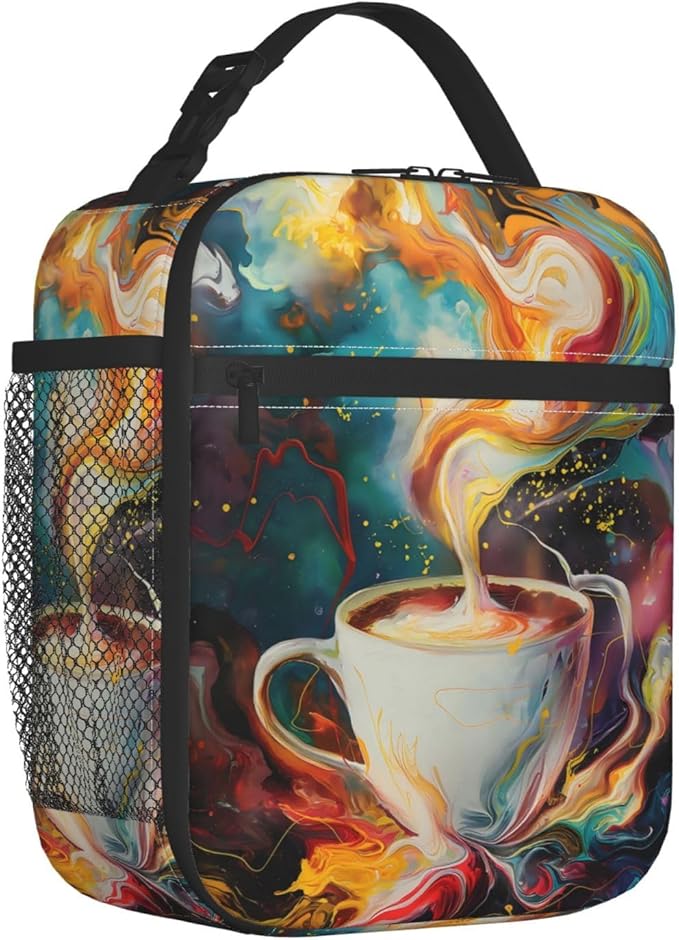 Insulated Lunch Box for Women Men, Coffee Cup Theme Lunch Box Reusable Portable Lunch Bag Cooler Tote Waterproof Lunch Container for Office Picnic Work Travel Hiking