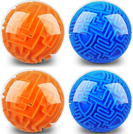 Sumind 4 Pcs 3D Puzzle Maze Ball Magic Brain Teasers Games Memory Sequential Gravity Maze Cube Ball Sphere Educational Puzzle Toys for Adult Hard Challenges(Blue, Orange)