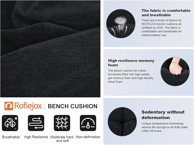 Bench Cushion 42 Inch - Chenille, High-Density Memory Foam, Non-Slip Bottom, Soft Durable Indoor Tufted Long Seat Cushion for Window Garden Furniture (Black, 42x16x4 Inch)