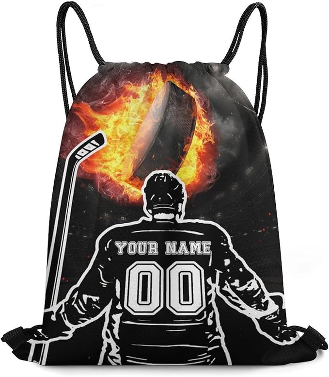 Custom Hockey Drawstring Backpack - Cool Cinch Sack, String Backpacks for Kids Women Men Boys Girls for Gym Outdoor Sports Travel Athletic Drawstring Bag - Lightweight/Foldable