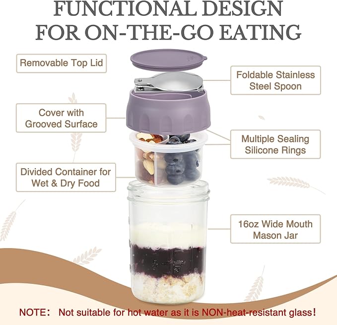 SOLIGT 2 Pack Overnight Oats Containers with Lids, Folding Spoons and Divided Compartments for Fruit & Nuts, Small Glass 16oz Mason Jars for Oatmeal Yogurt Parfait