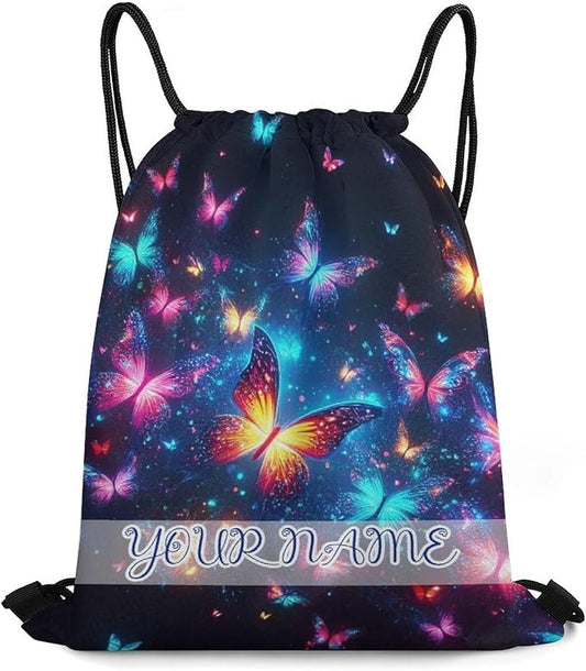 Custom Butterfly Drawstring Backpack - Cute Cinch Sack, String Backpacks for Kids Boys Girls Women Men for Gym Outdoor Sports Travel Athletic Drawstring Bag - Lightweight/Foldable