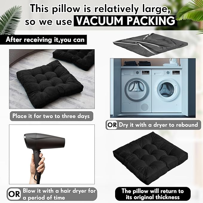 Jerify Floor Pillow Cushions 22 x 22 Inch Round Square Large Meditation Floor Pillow for Classroom Adult Meditation Picnic Party Cushion for Seating Gift Christmas(Square,Black,4 Pcs)