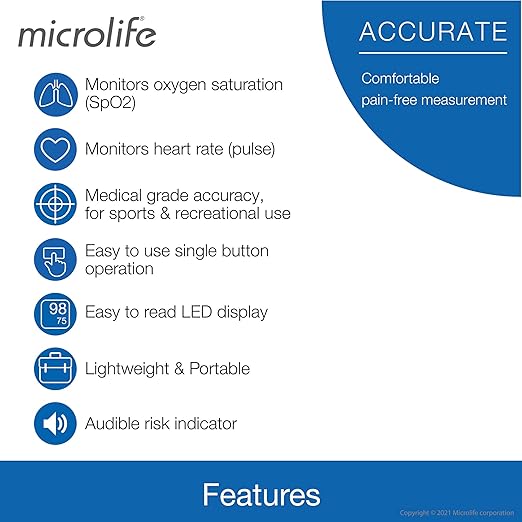 Microlife Series 200 Fingertip Pulse Oximeter, Blood Oxygen Saturation (SpO2) and Heart Rate Monitor, Includes Batteries, Lanyard and Case