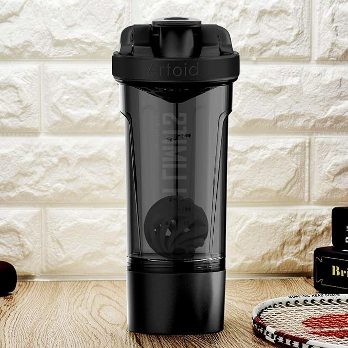 Artoid Mode Fitness Workout Sports Protein Shaker Bottle 24-Ounce, Dual Mixing Technology with Shaker Balls & Mixing Grids Included, Twist and Lock Protein Box Storage Included