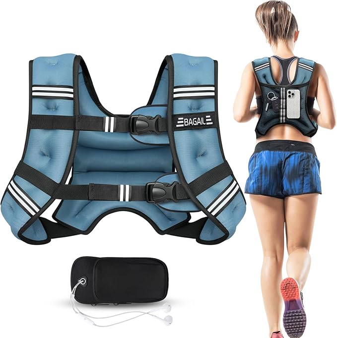 BAGAIL Weighted Vest, 5lbs/8lbs/10lbs/12lbs/15lbs/20lbs/25lbs/30lbs Weight Vest with Detachable Phone Pouch, Rucking Vest for Women, Men, Walking, Weight Loss, Training, Running