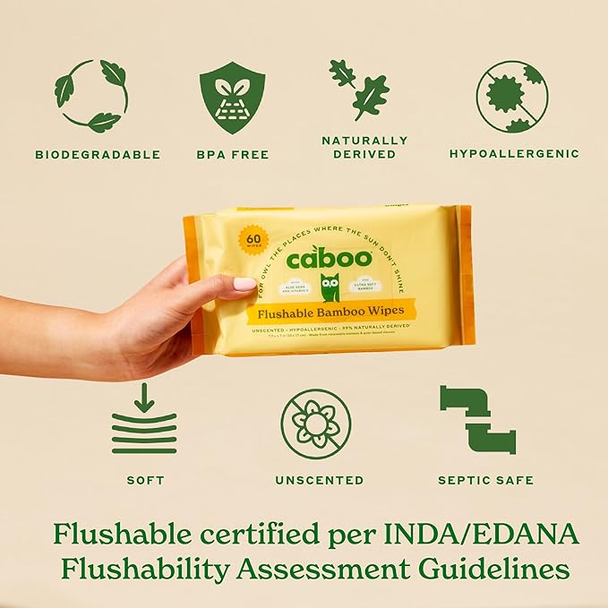 Caboo Tree Free Flushable Wipes, Travel Wipe, Certified Flushable, Septic Safe, Biodegradable Wipe for Adults, Pack of 8, Total of 144 Travel Toilet Wipes