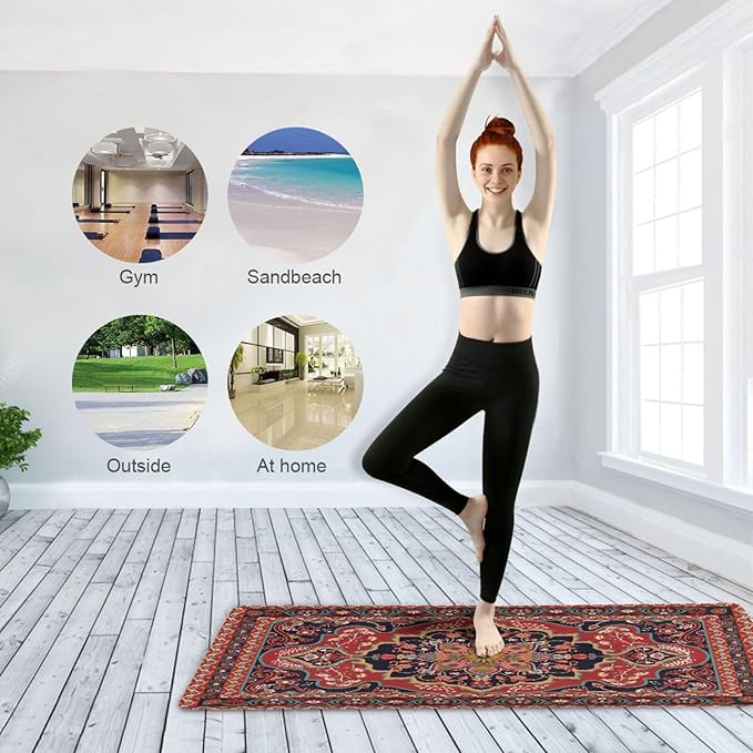 Kigai Yoga Mat Red Persian Design Fitness Mat Eco-Friendly Non Slip Portable Foldable Floor Workouts Mat for Pilates Home Gym Exercise Beach 70.8x26 inch