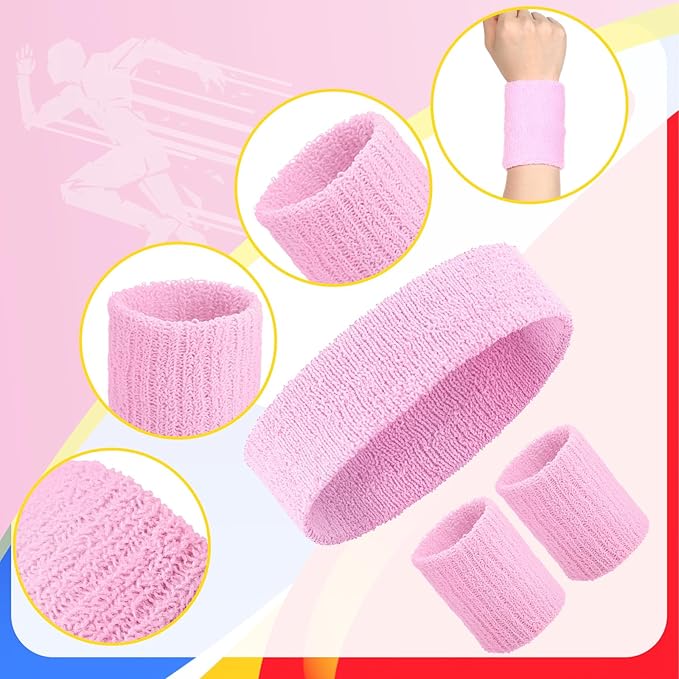 Civaner 12 Pcs 80s 90s Sweatbands Neon Headbands Wristbands for Men Women Party Sports Cotton Headbands Terry Cloth Athletic Sweat Bands for Tennis Football Gym Workingout Accessories