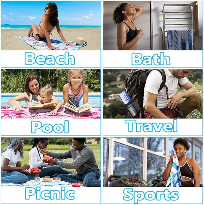 2 Pack Microfiber Thin Lightweight Beach Towel Sand Free Quick Dry Absorbent Compact Towels for Swimming Pool Camping Beach Accessories Large Easy Pack Travel Things for Vacation Essentials Adult Gift