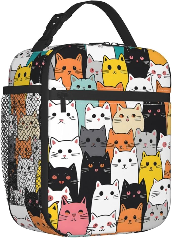 Colorful Cartoon Cat Insulated Lunch Box, Reusable Thermal Lunchbox with Cute and Playful Kitten, Portable Handbags for Office, Beach, Camping, Road Trip, Hiking, Gifts for Pet Lovers