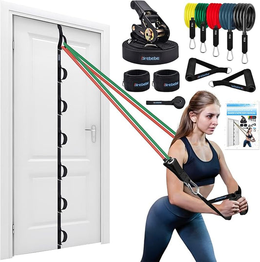 Brebebe Upgrade Door Anchor for Resistance Bands Exercise, Multi Points Anchor With 7 Loops + 7 D Rings, Home Gym Workout Equipment With Ratchet Adjust Tighten Strap, Not Loose, Sturdy